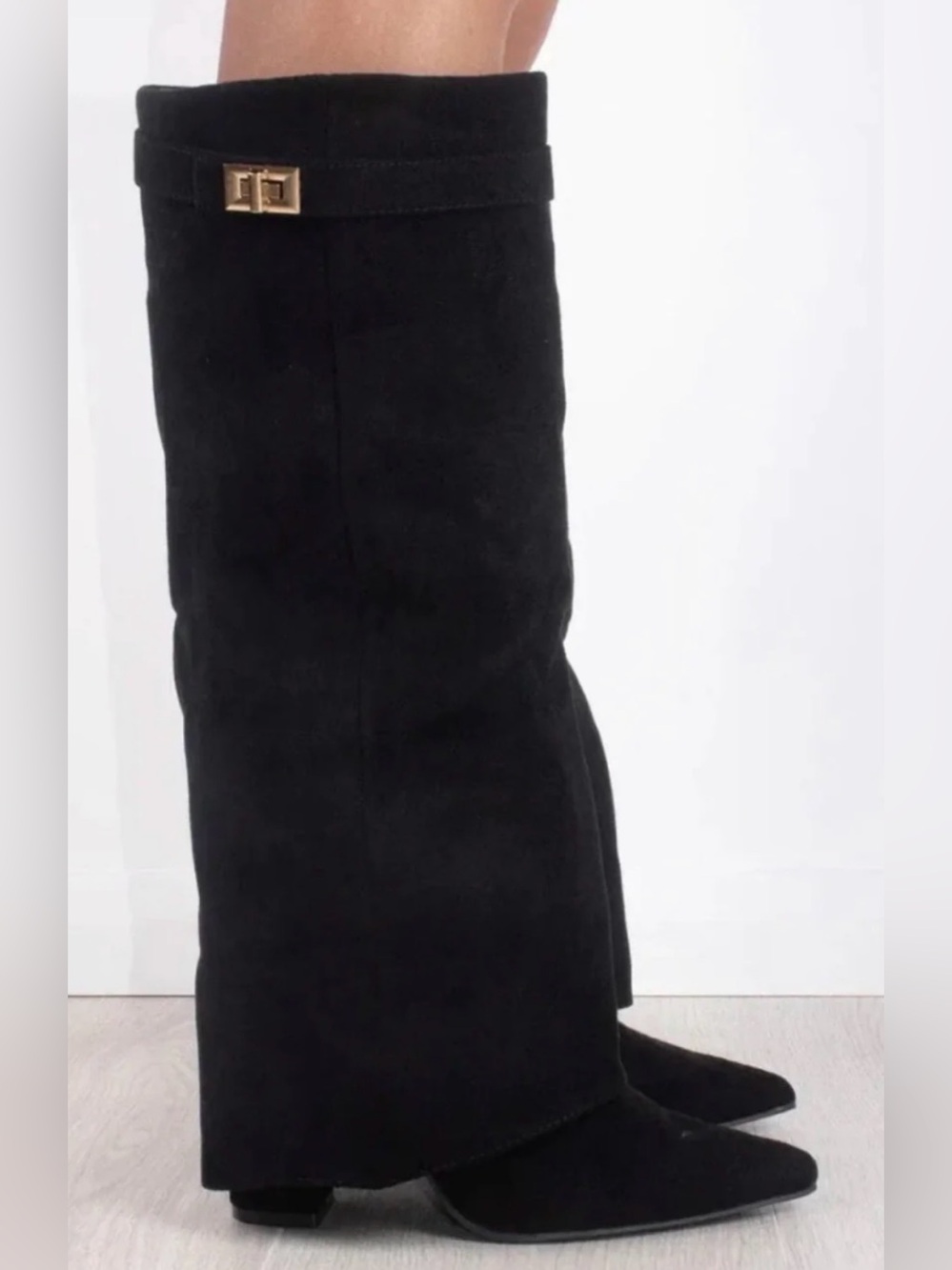 Women's Black Suede Knee-High Heeled Fold-over Boots